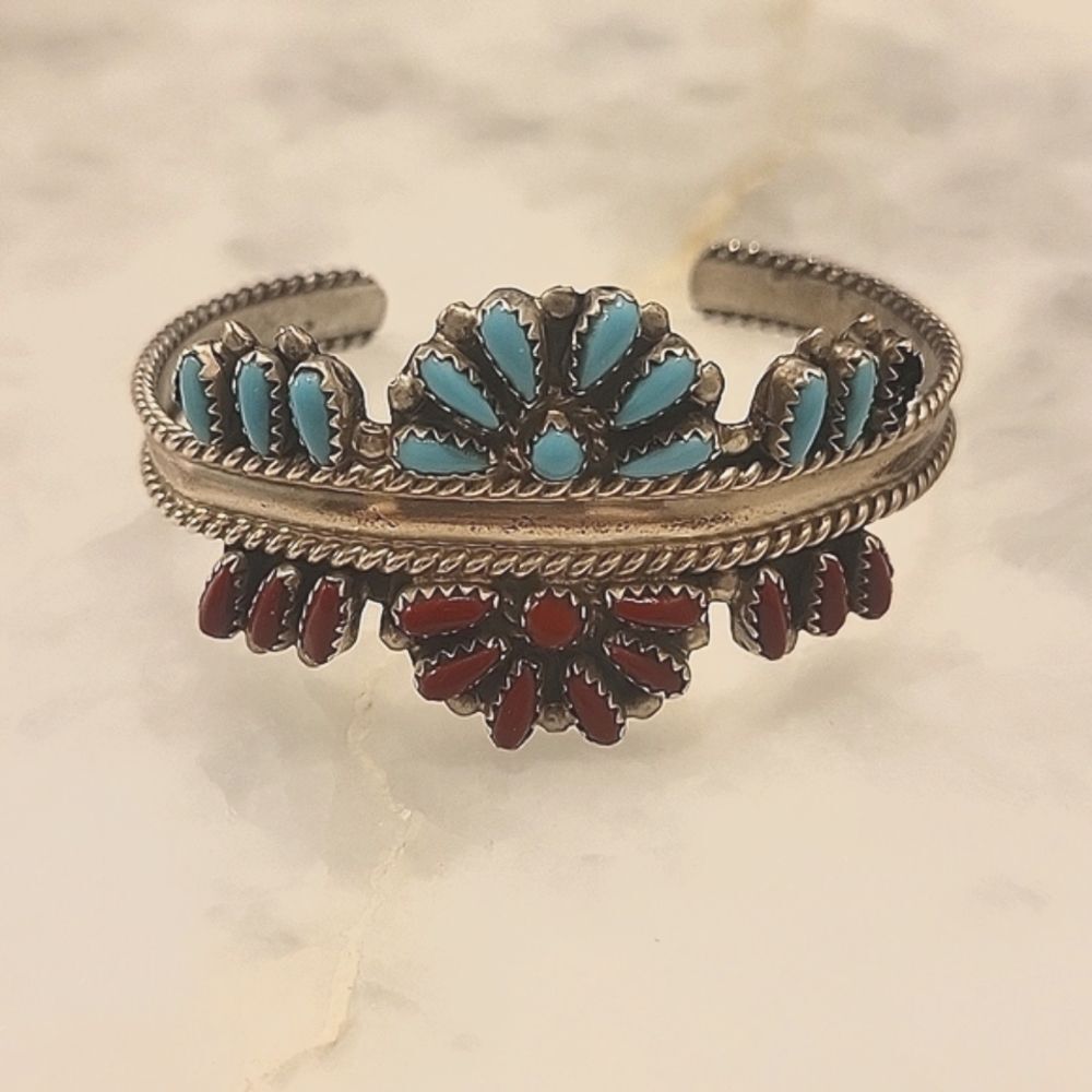 Signed Navajo Dewey Janette DJ Sterling Native Zuni Turquoise Coral Bracelet VTG - Picture 3 of 16